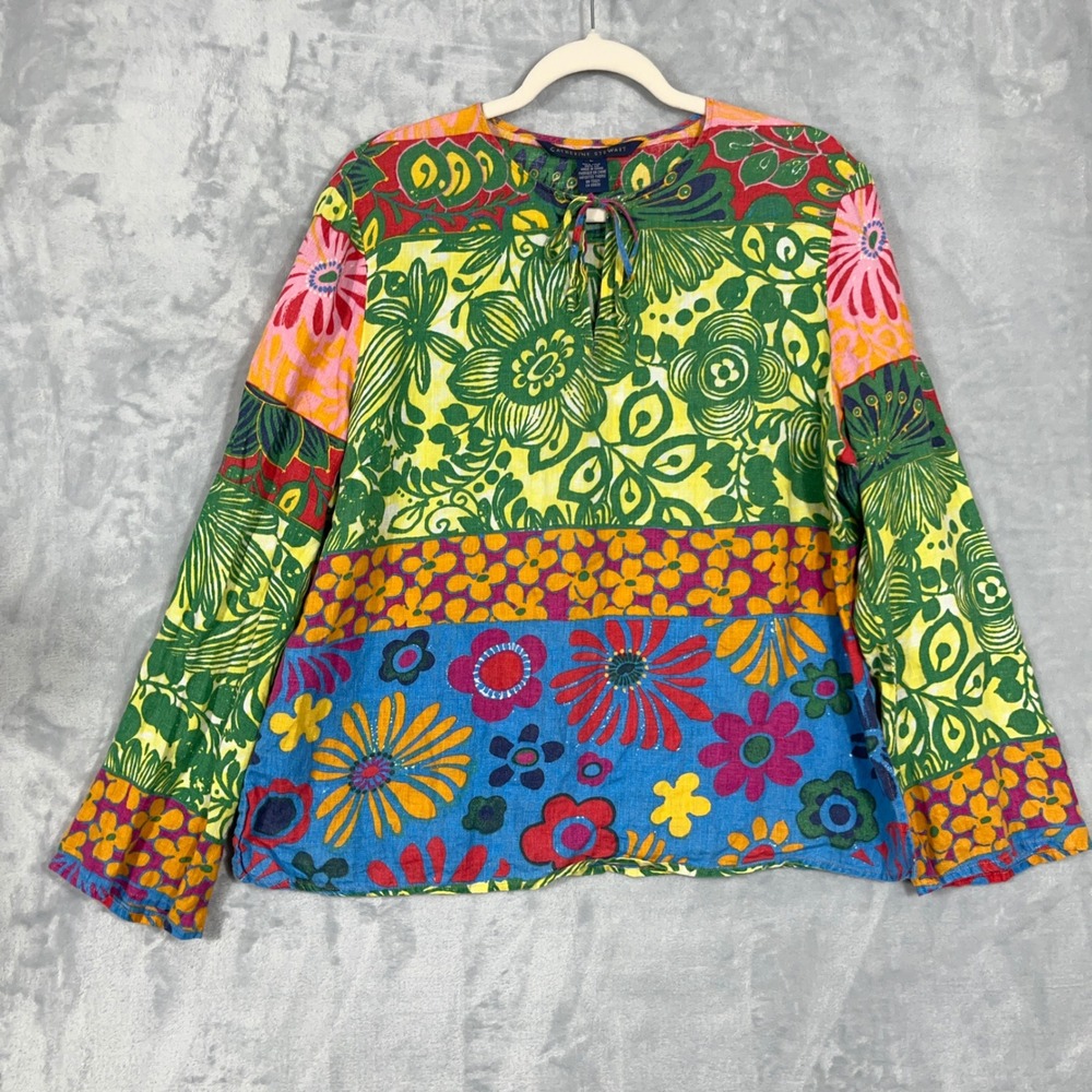 Catherine Stewart Womens‎ Large 100% Linen Floral Patchwork Tie Neck Blouse Top